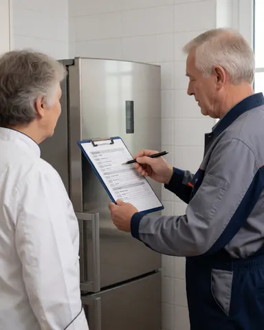 Technicien en uniforme examine une liste de contrôle devant un réfrigérateur en acier inoxydable dans une cuisine carrelée.