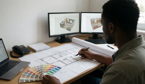Un concepteur travaille sur des plans architecturaux avec des échantillons de couleur et des écrans affichant des rendus 3D sur un bureau en bois.