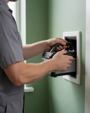 Un technicien en uniforme gris charge une batterie intelligente sur un mur vert avec des câbles visibles, illustrant le travail d'équipe professionnel.