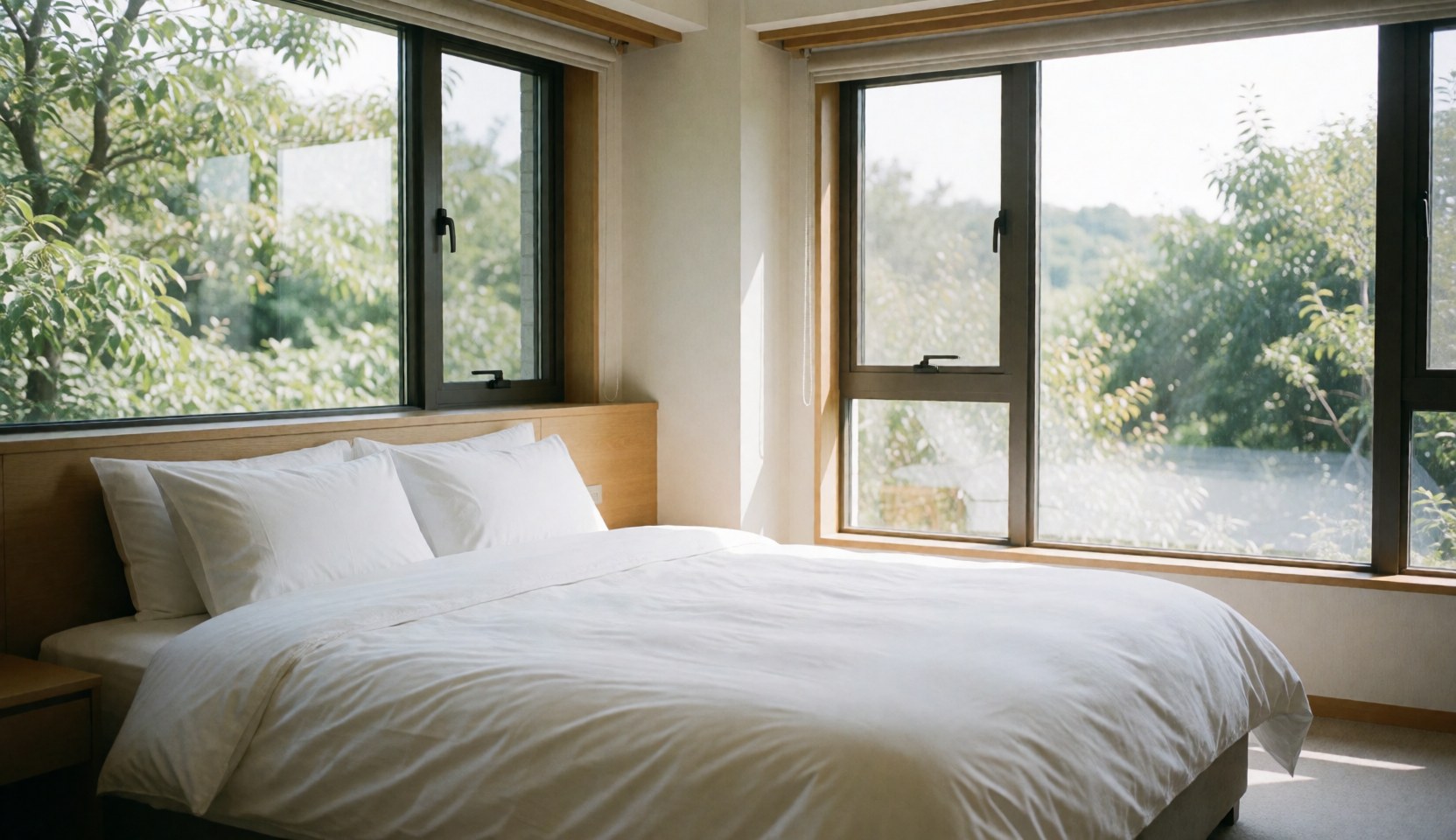 Grande lit avec literie blanche dans une chambre aux grandes fenêtres offrant une vue sur la végétation, idéal pour la page d'accueil d'un site de location de vacances