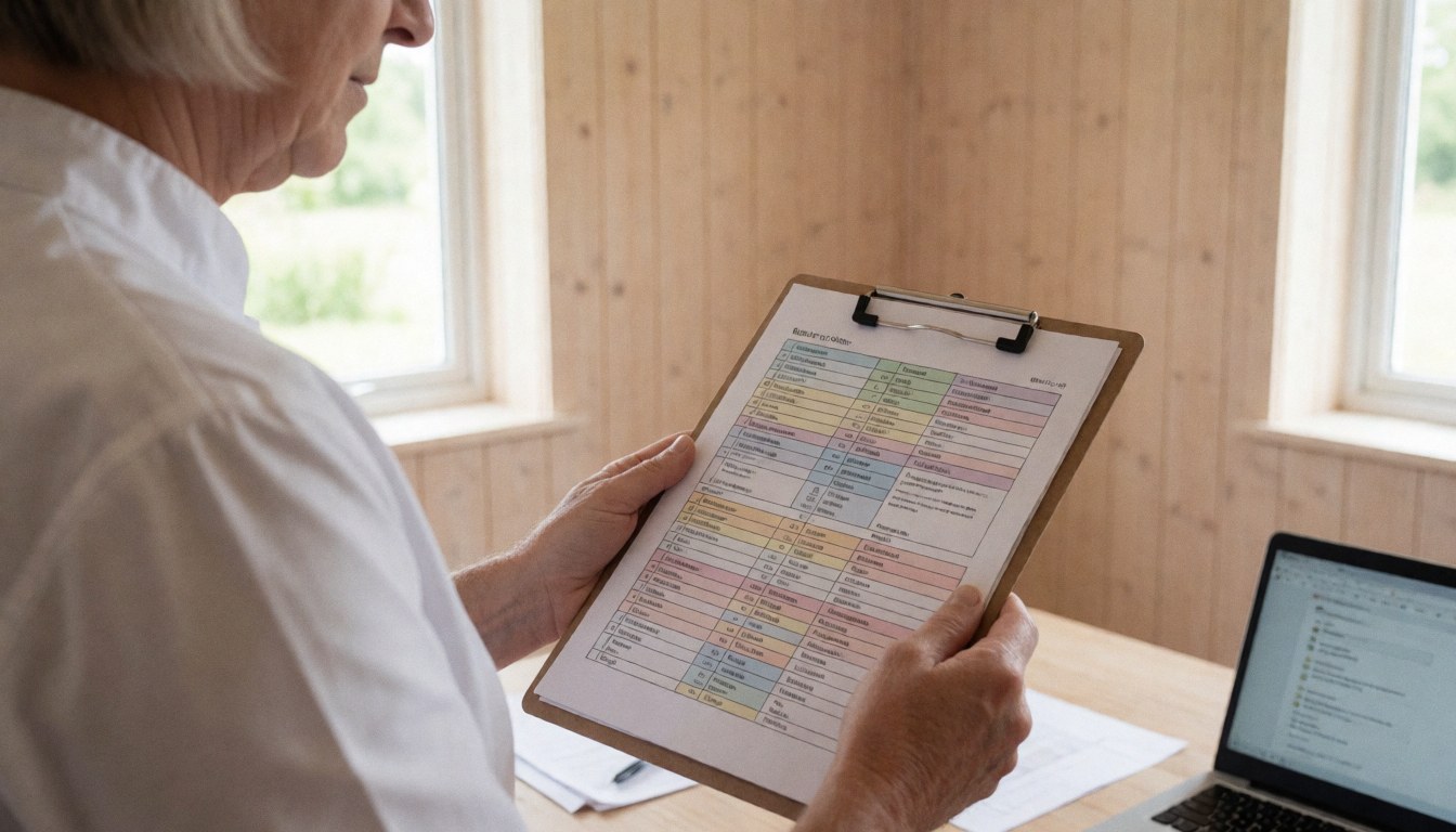 Une coordinatrice de mariage examine un document coloré dans un bureau avec des murs en bois clair et un ordinateur portable ouvert.
