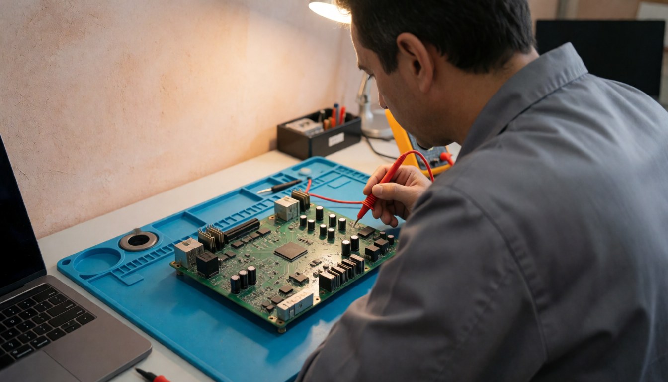 Un technicien examine une carte mère verte à l'aide d'un multimètre sur une surface antistatique bleue dans un atelier de réparation électronique.