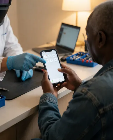 Un technicien en gants explique une option sur l'écran d'un téléphone réparé à un client dans un atelier éclairé par une lumière chaude.