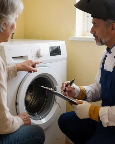 Un client indique une machine à laver pendant qu'un technicien en casque de soudeur prend des notes sur un porte-documents dans un intérieur aux murs jaunes et à la lumière naturelle.