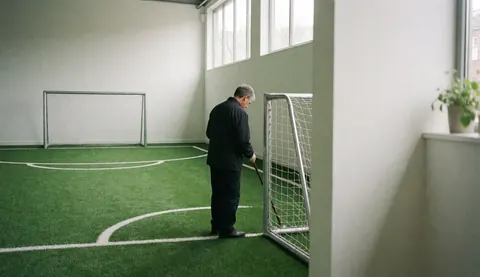 Un adulte effectue des tâches dans un terrain de football intérieur avec pelouse synthétique verte et lignes blanches, à proximité d'un but métallique.