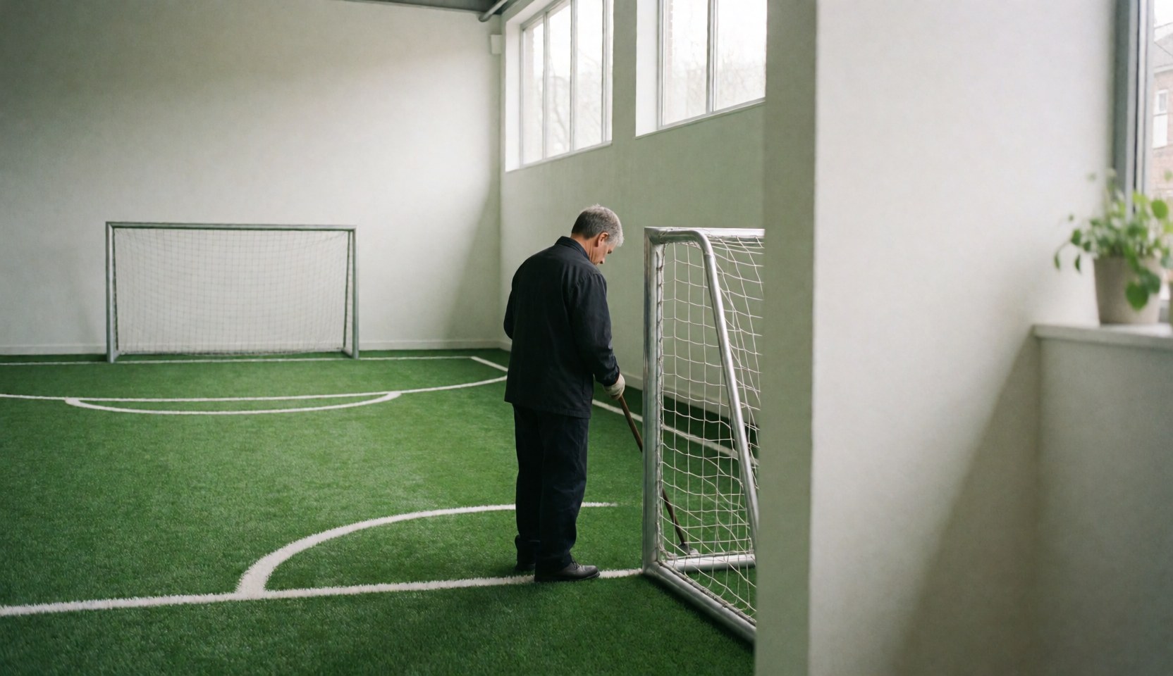 Un adulte effectue des tâches dans un terrain de football intérieur avec pelouse synthétique verte et lignes blanches, à proximité d'un but métallique.