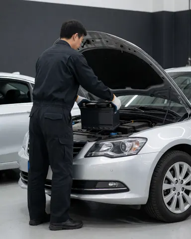 Technicien ganté installant une batterie dans une voiture argentée au capot ouvert dans un atelier aux murs gris.