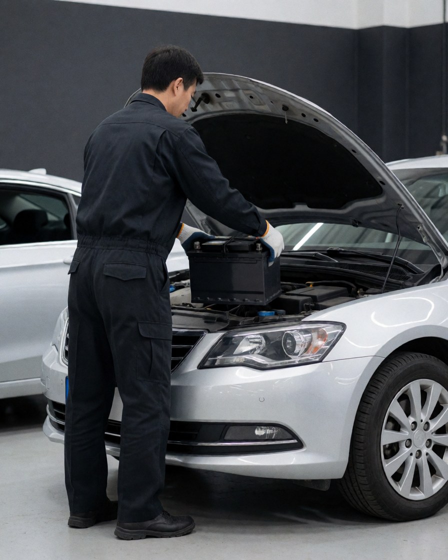 Technicien ganté installant une batterie dans une voiture argentée au capot ouvert dans un atelier aux murs gris.