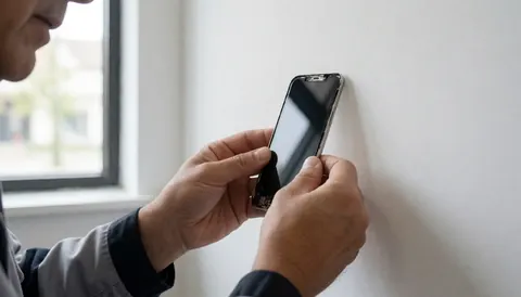Technicien réparant un téléphone avec un panneau arrière, lumière naturelle et mur blanc, service de réparation de téléphones.