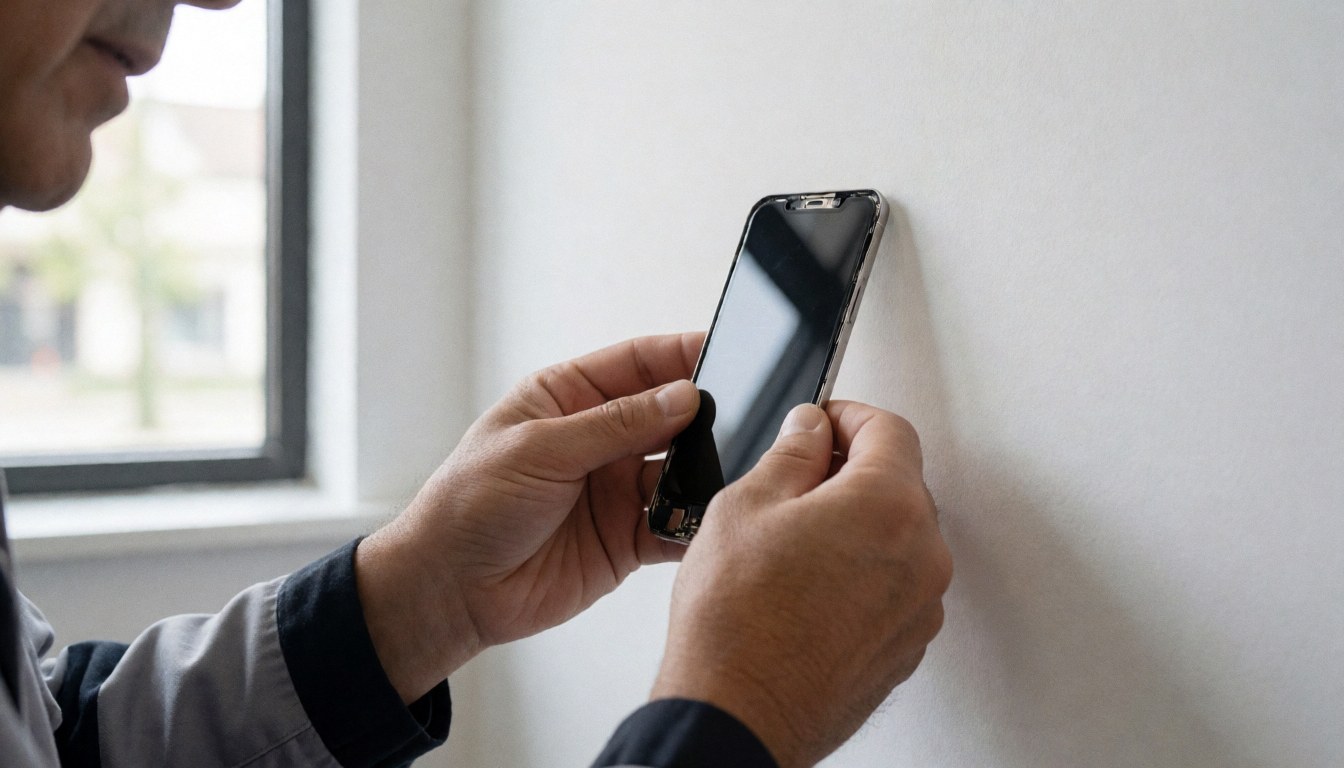 Technicien réparant un téléphone avec un panneau arrière, lumière naturelle et mur blanc, service de réparation de téléphones.