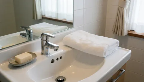 Lavabo blanc avec serviette pliée, savon sur un plateau et miroir, idéal pour les services de nettoyage facial.