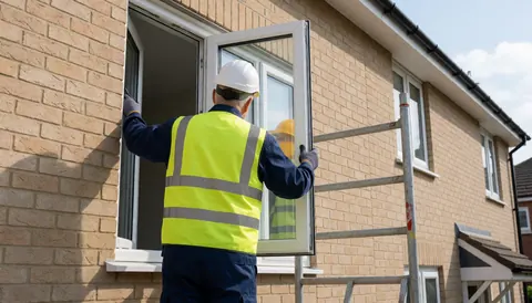 Un installateur casqué et gilet jaune monte une fenêtre blanche sur un échafaudage devant une maison en briques en plein soleil.