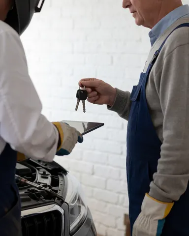 Cliente souriante recevant les clés de son automobile réparée des mains du mécanicien dans un atelier avec capot ouvert et mur en briques