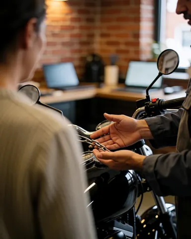 Un client observe la chaîne de moto nettoyée tandis que le mécanicien la montre dans un atelier avec un mur de briques et un éclairage chaleureux.