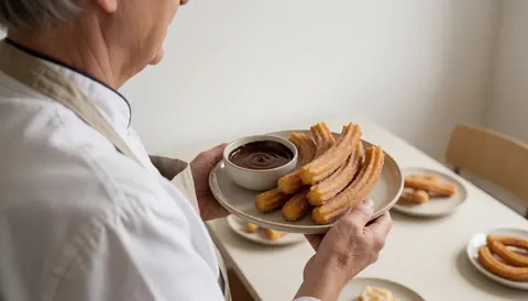 Personne portant un tablier servant des churros accompagnés de chocolat fondu sur une table de salle à manger dans une ambiance chaleureuse.