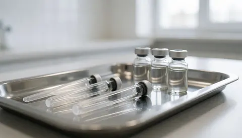 Plateau en acier inoxydable contenant des flacons en verre et des applicateurs stériles sur un fond médical flou et professionnel.