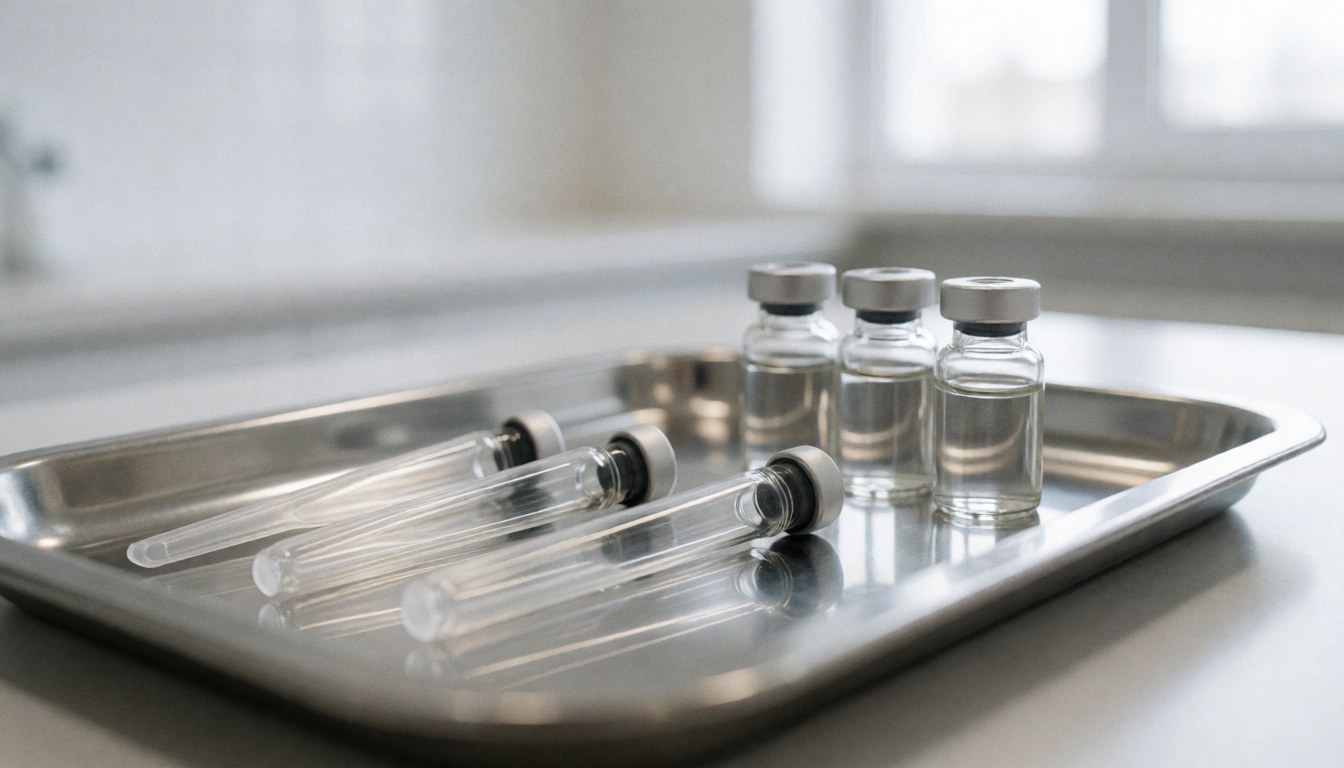 Plateau en acier inoxydable contenant des flacons en verre et des applicateurs stériles sur un fond médical flou et professionnel.