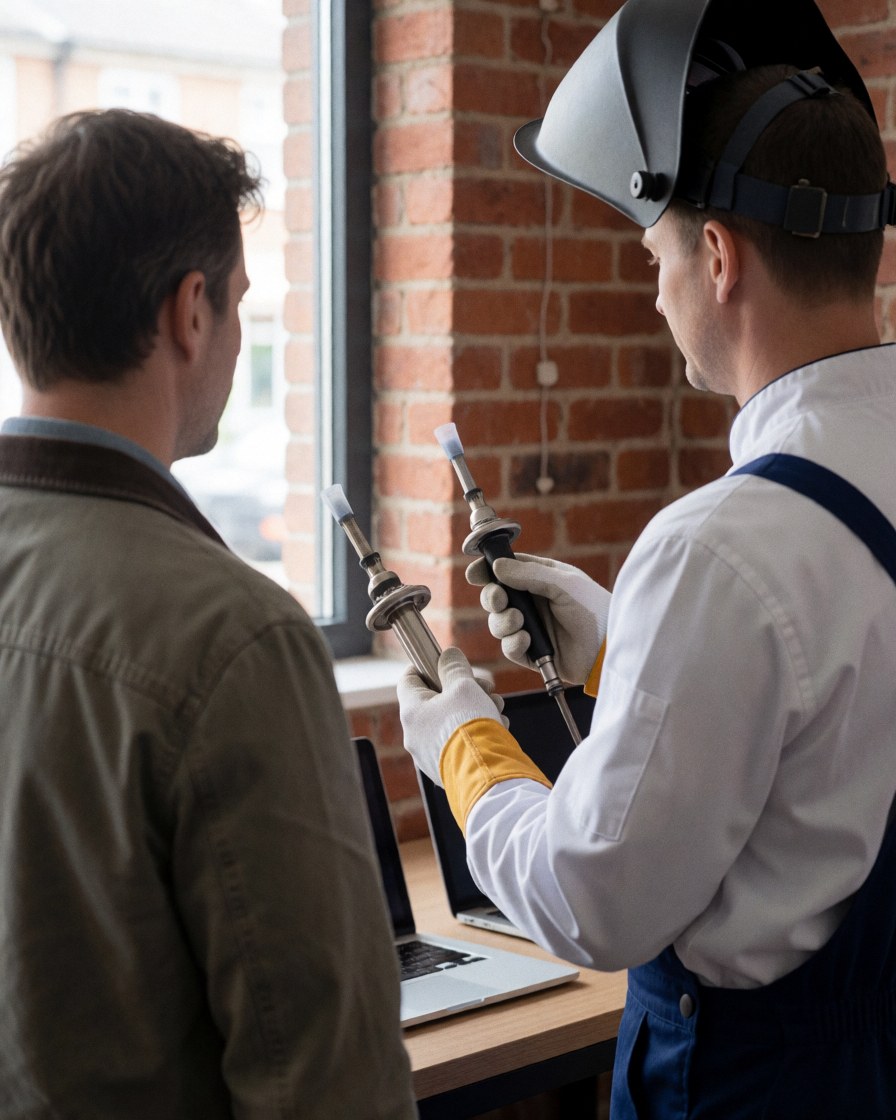 Un technicien en gants présente un outil à un client devant un mur de briques, avec un ordinateur portable sur une table lors d'une intervention de réparation.