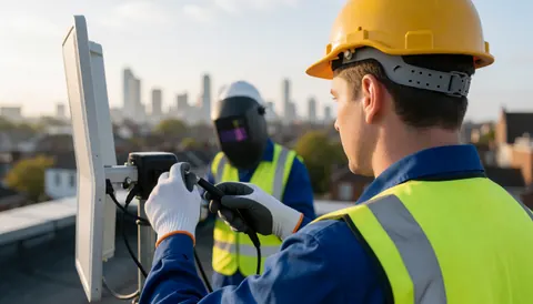 Technicien en tenue de sécurité avec gilet et casque installe une antenne haute performance sur un toit en milieu urbain.