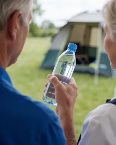 Vue arrière d'une cliente tenant une bouteille d'eau, avec une tente de camping visible en arrière-plan dans un cadre naturel.