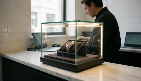 Vitrine en verre avec éclairage intérieur exposant une montre-bracelet sur coussin de velours, posée sur un comptoir en marbre blanc, dans un atelier aux murs carrelés.
