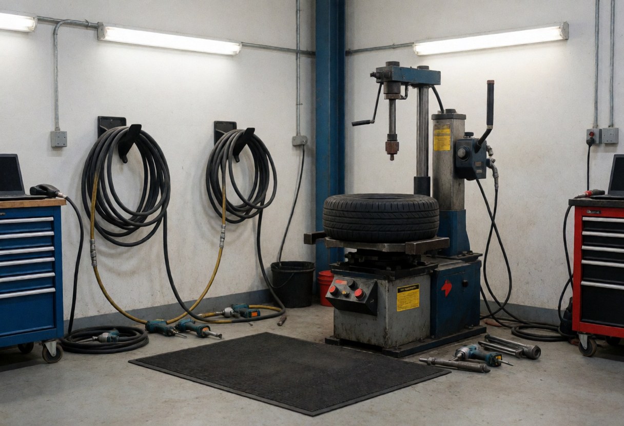 Intérieur d'un atelier de réparation de pneus équipé d'un démonte-pneu, de tuyaux d'air et d'outils professionnels sous un éclairage fluorescent.