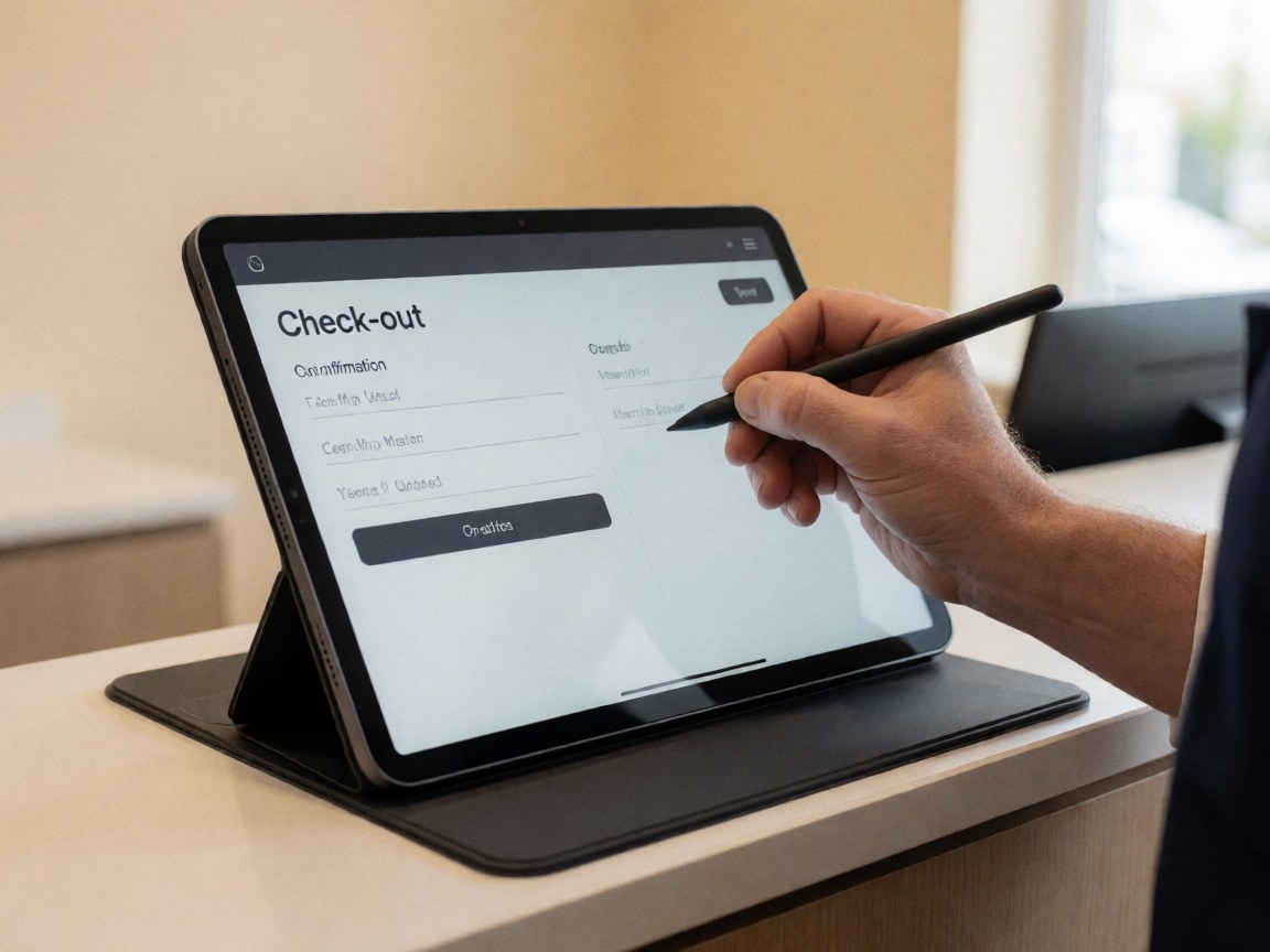 Une main tenant un stylet pour signer un écran de confirmation de départ sur une tablette posée sur un bureau dans un hall d'hôtel.