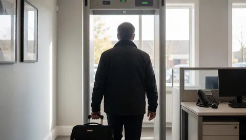 Personne portant une valise traversant un détecteur de métaux dans une terminale aux murs gris et à la lumière naturelle.