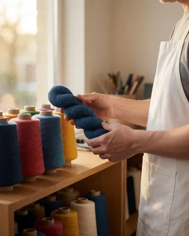 Des mains sélectionnent un fil bleu parmi une étagère remplie de fils colorés dans un atelier de bricolage baigné de lumière naturelle.