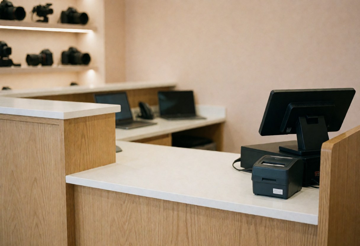 Comptoir de service d'un atelier de photographie équipé d'une caisse, d'une imprimante et de caméras sur des étagères, sur fond beige avec un environnement propre et moderne.