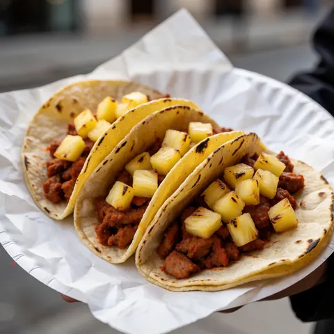 Des tacos al pastor garnis d'ananas grillé dans des tortillas de maïs, servis sur une assiette en papier, adaptés à la restauration rapide.