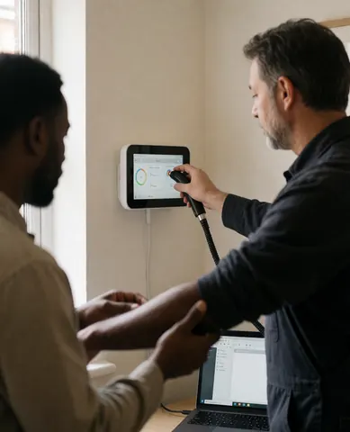 Un professionnel ajuste le panneau d'un dispositif de dépilation laser tandis qu'un client observe son bras dans un environnement clair et professionnel.