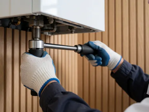 Gros plan de mains portant des gants de protection ajustant une vanne de chaudière avec une clé dynamométrique sur un mur en bois.