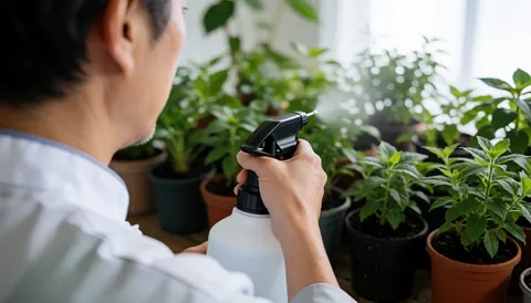 Un jardinier professionnel pulvérise des plantes en pot avec un vaporisateur dans un espace intérieur baigné de lumière naturelle.
