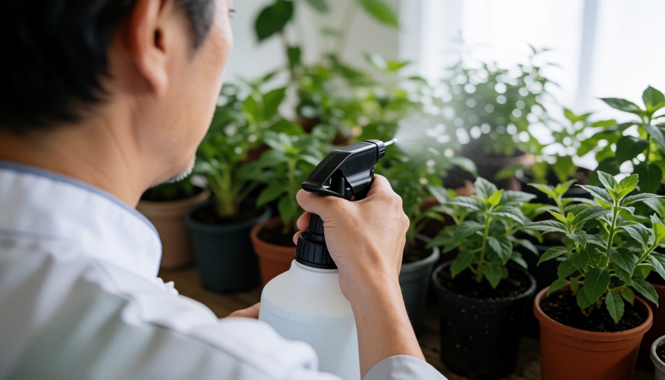 Un jardinier professionnel pulvérise des plantes en pot avec un vaporisateur dans un espace intérieur baigné de lumière naturelle.
