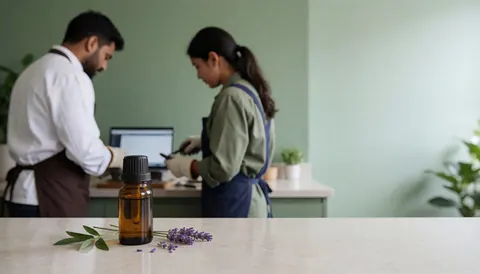 Flacon en verre ambré contenant de l'huile essentielle de lavande, accompagné de feuilles et de fleurs, posé sur un plan de travail en pierre claire dans un intérieur aux murs verts avec une personne travaillant en