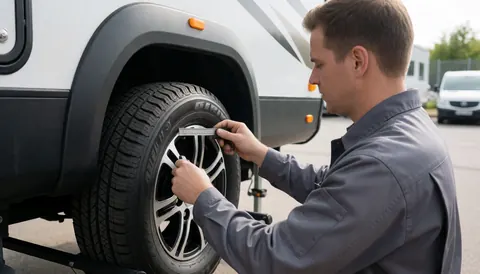Un technicien utilise un pied à coulisse pour vérifier la profondeur de la bande de roulement d'un pneu de camping-car dans un atelier en plein air, assurant sécurité et durabilité.