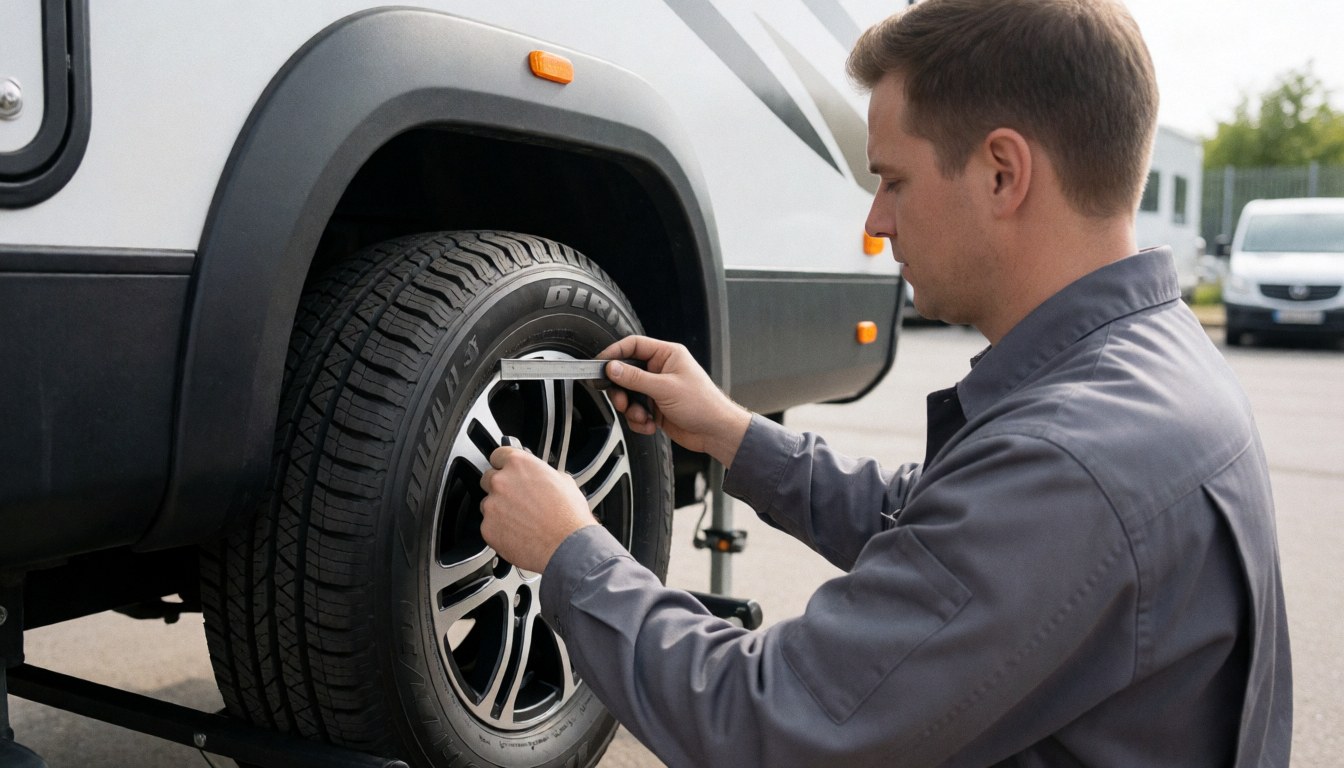 Un technicien utilise un pied à coulisse pour vérifier la profondeur de la bande de roulement d'un pneu de camping-car dans un atelier en plein air, assurant sécurité et durabilité.