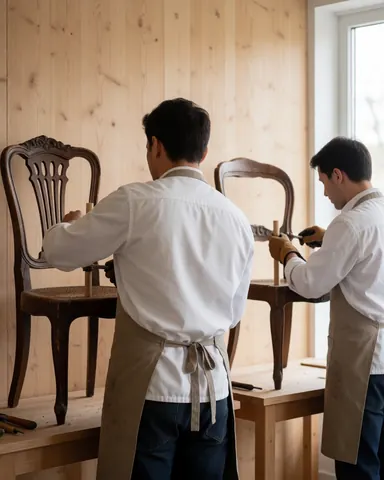 Deux artisans travaillent sur des chaises anciennes dans un atelier en bois clair avec lumière naturelle, illustrant la restauration de meubles.