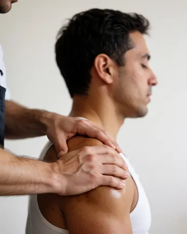 Thérapeute appliquant une pression sur l'épaule d'un client avec de l'huile, sur un fond blanc, lors d'un service de massage corporel.