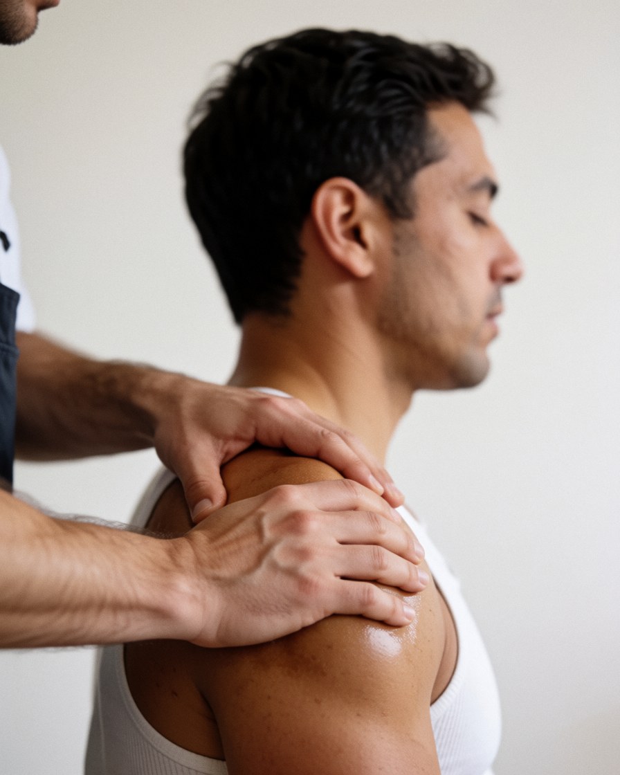 Thérapeute appliquant une pression sur l'épaule d'un client avec de l'huile, sur un fond blanc, lors d'un service de massage corporel.