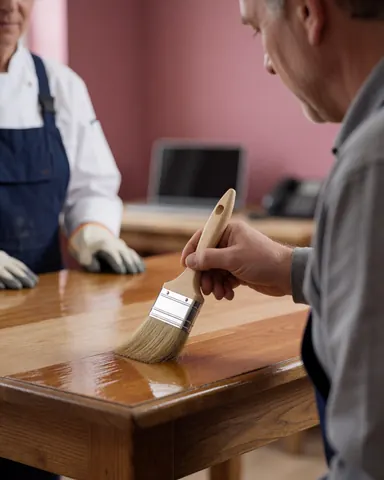 Un menuisier applique du vernis avec un pinceau sur une table en bois tandis qu'un client observe dans un atelier aux murs roses.
