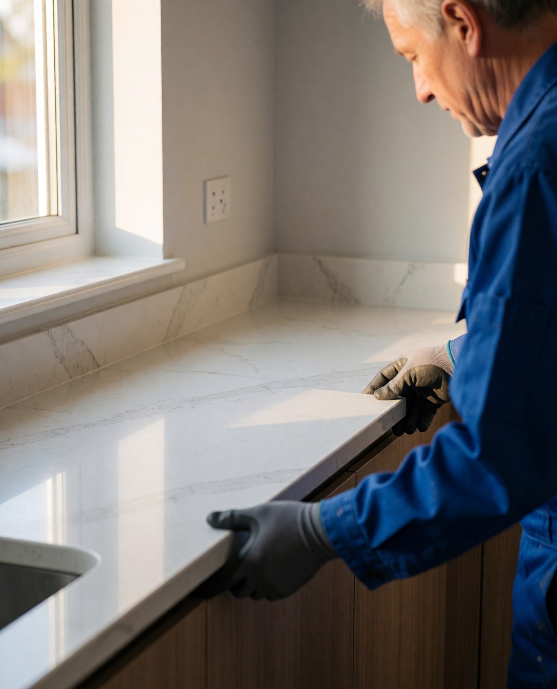 Un installateur de cuisines ajuste un plan de travail en quartz blanc sur des armoires en bois, baigné de lumière naturelle et portant des gants de protection.