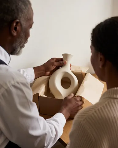 Un artisan dépose un élégant vase en céramique dans une boîte cadeau avec du papier d'emballage, pendant qu'un client observe attentivement dans un atelier de poterie.