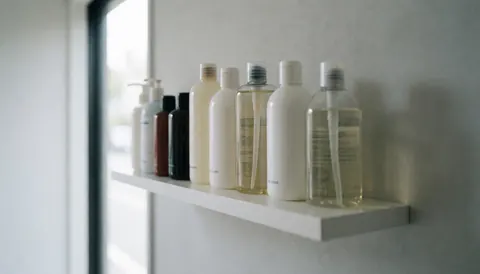Étagère blanche contenant des bouteilles de produits de soins capillaires dans un salon moderne avec un mur gris et une lumière naturelle.