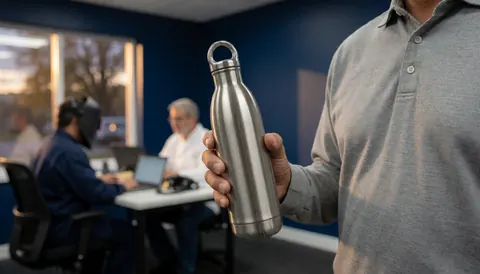 Une main tient une bouteille en acier inoxydable avec des gouttes de condensation dans un bureau aux murs bleus et à la lumière chaude.