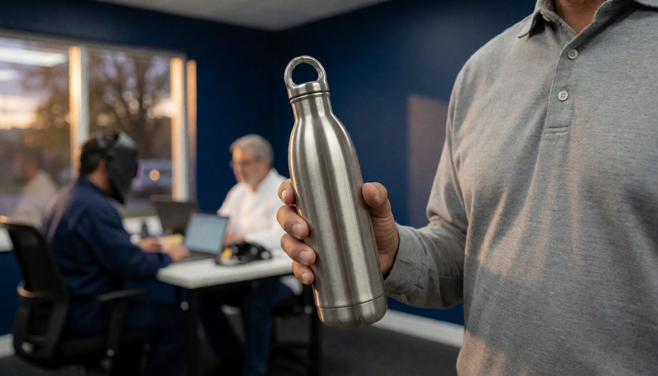 Une main tient une bouteille en acier inoxydable avec des gouttes de condensation dans un bureau aux murs bleus et à la lumière chaude.