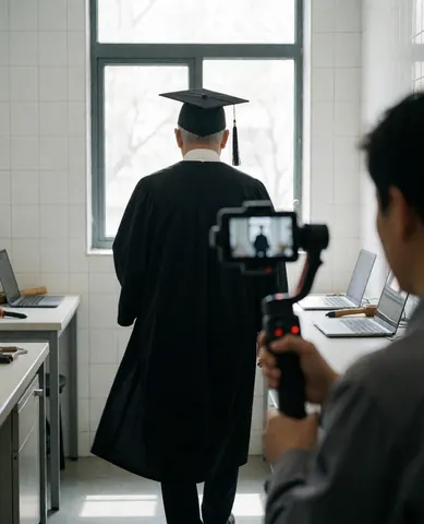 Photographe professionnel avec gimbal capture un diplômé de dos face à une fenêtre avec lumière naturelle dans un studio avec murs de carreaux blancs.