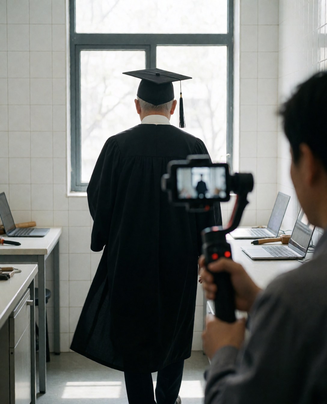 Photographe professionnel avec gimbal capture un diplômé de dos face à une fenêtre avec lumière naturelle dans un studio avec murs de carreaux blancs.