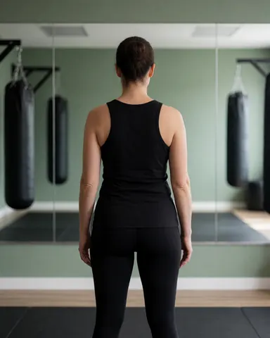 Instructrice de boxe féminine vue de dos dans un gymnastique avec sacs de frappe et miroirs, murs verts et sol en bois.